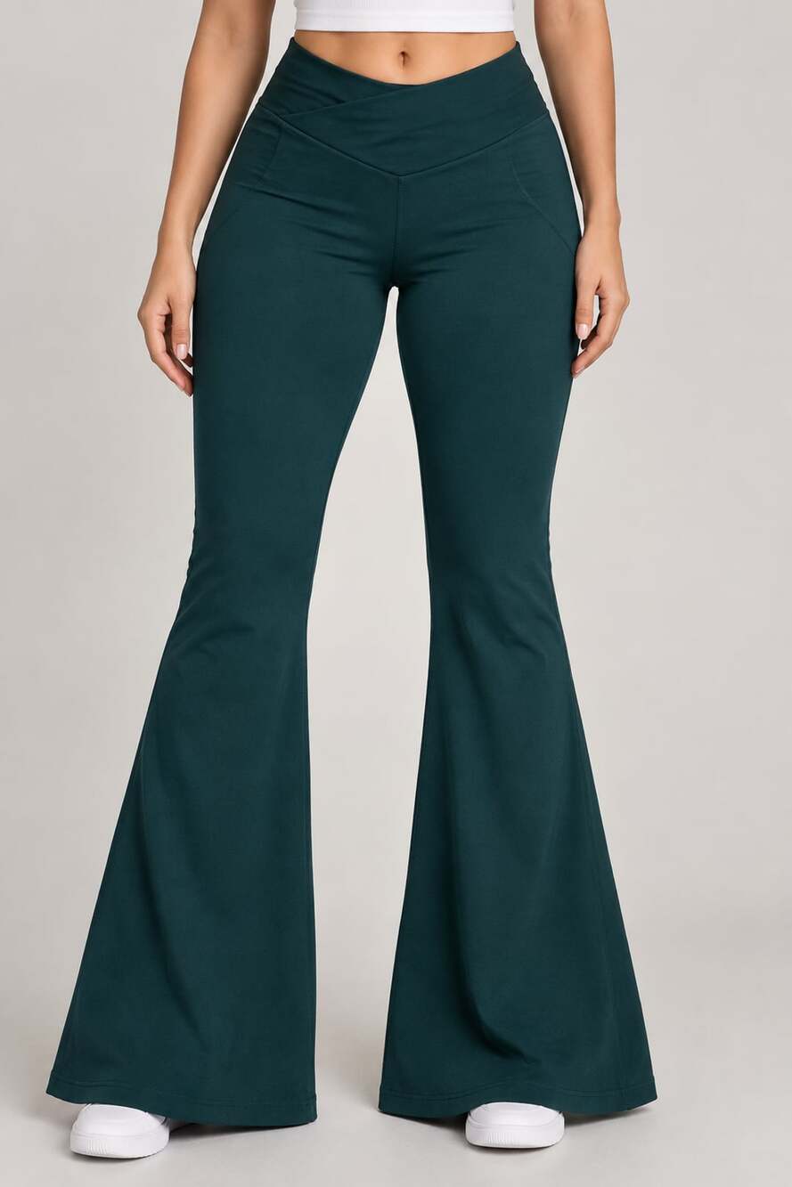 Fabletics PureLuxe High-Waisted Crossover Flare Leggings Size M Green